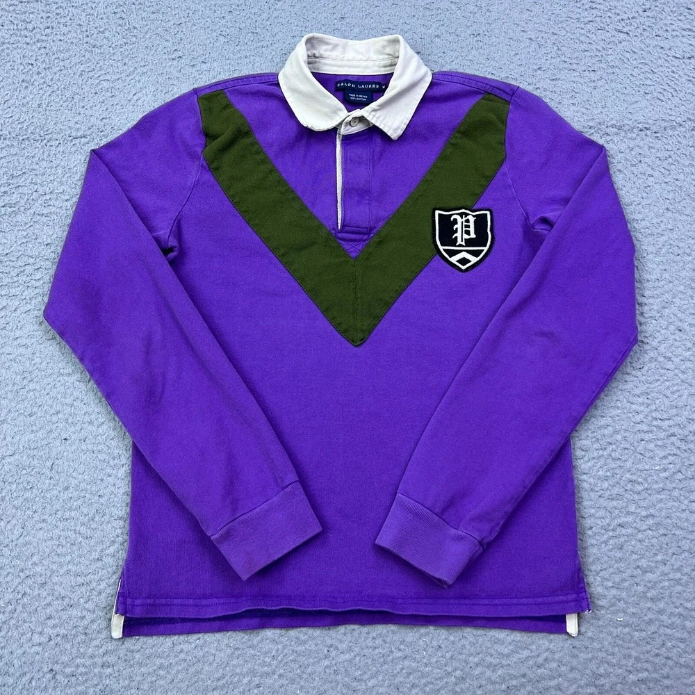 Ralph‎ Lauren Rugby Shirt Youth M Shirt Long Sleeve Purple V Stripe Patch Logo